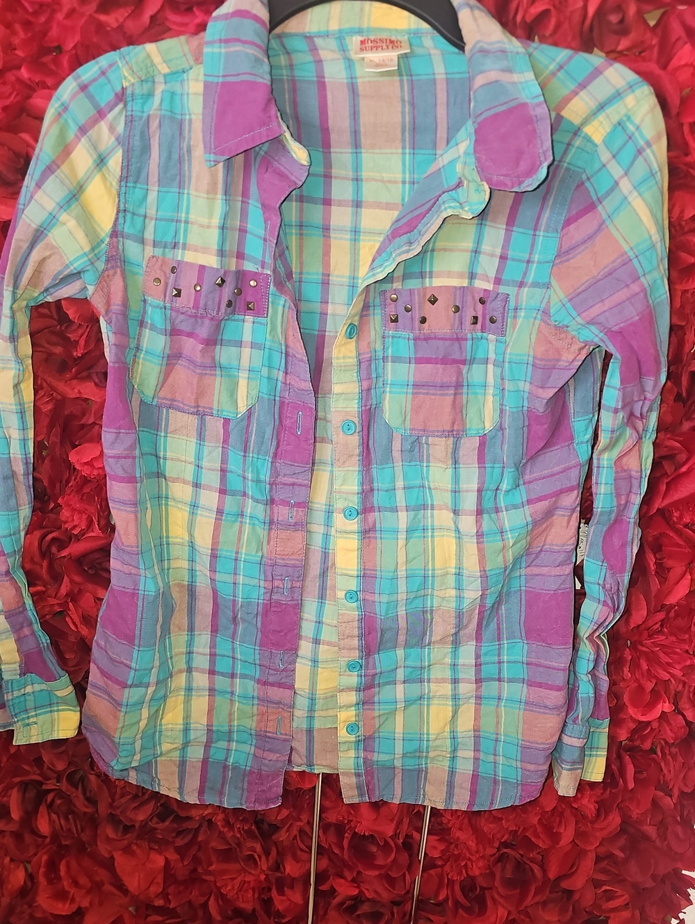 Mossimo Supply Co. Girls Plaid Button-Down Shirt With Stud Pocjets Size XL 14/16